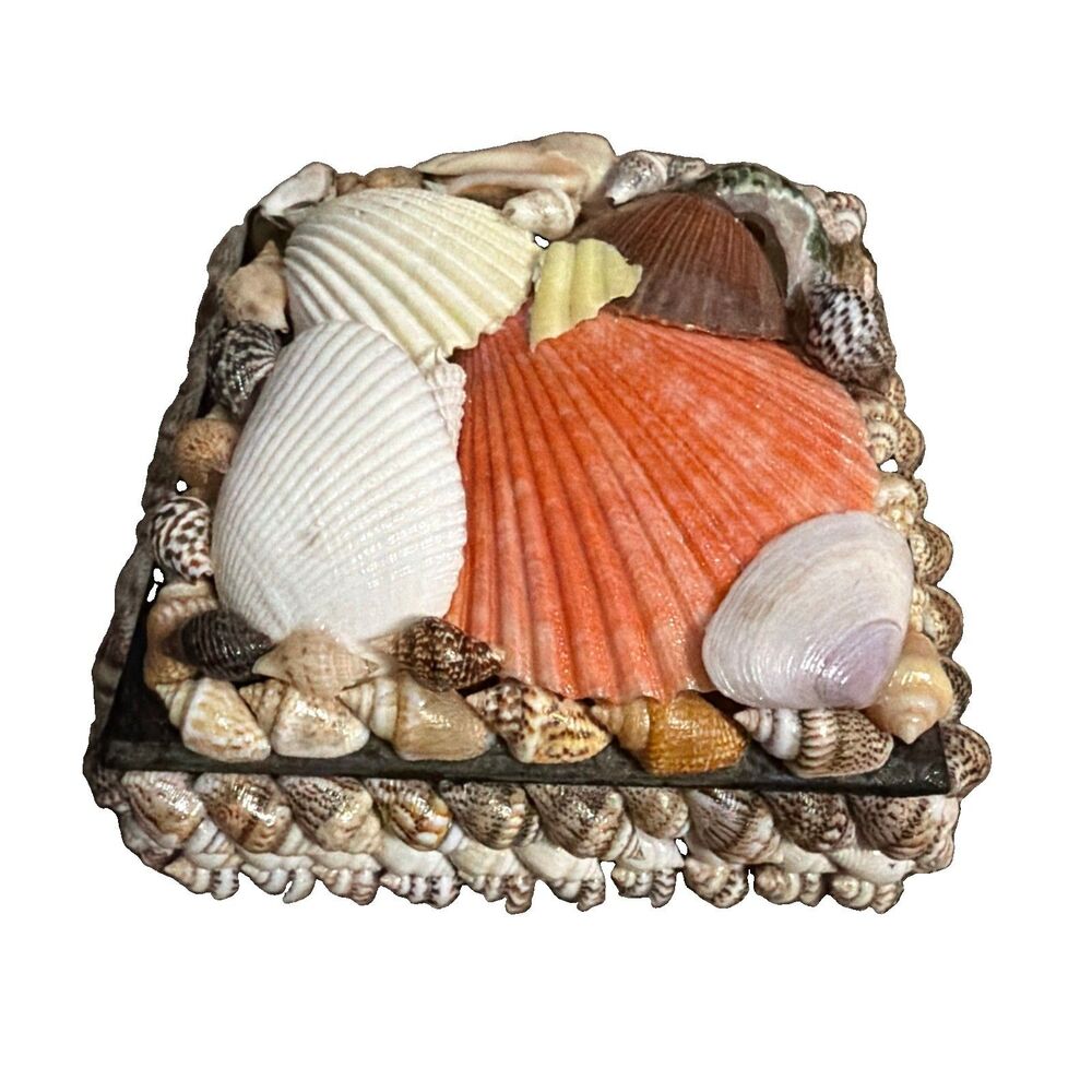 Vintage Handcrafted Sea Shell Encrusted Trinket Jewelry Box Coastal Boho Decor